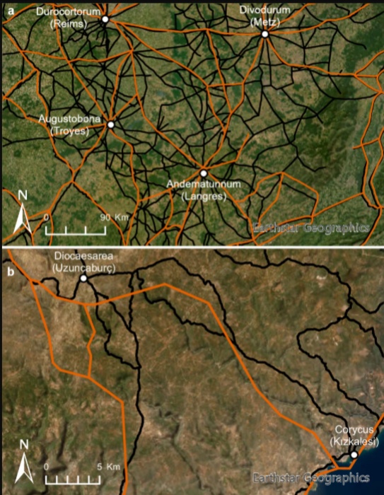 Itiner-e新版羅馬道路地圖（黑線）較舊資料（橘線）收錄更多道路，並更細緻呈現道路配合實際地形蜿蜒的路線。（圖／Scientific Data）